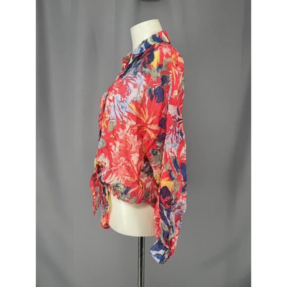 Vince Camuto Shirt Womens Medium Multicolor Floral Sheer Button Front Tie Hem - Picture 2 of 9